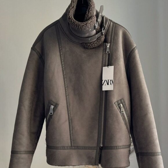 ZARA NEW WOMEN FAUX LEATHER SHEARLING DOUBLE-FACED BIKER JACKET GRAY 3548/243 - Picture 15 of 15